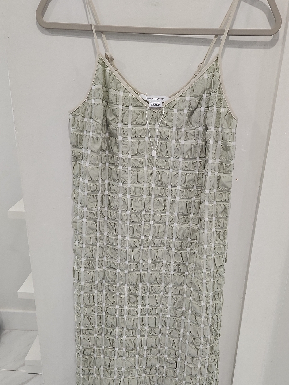 Urban RevivoLight Sage Grid-Textured Maxi Dress - Sleeveless Slip Style